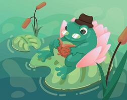 elderly toad reading a book sitting on a lily pad vector