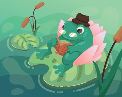 elderly toad reading a book sitting on a lily pad