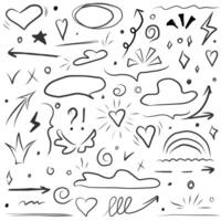 Strokes and highlighting, speech bubbles and underlines, glitter elements and hearts, clouds and arrows, ticks and crosses. Illustration vector