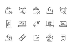 E-commerce Marketplace icon set. Online shopping and cart elements. E-business symbol. Outline icons collection. vector