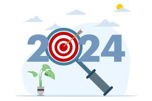 Analysis and development of business strategies in the new year 2024, planning and setting business goals, enlarging the magnifying glass to select business targets or objectives in 2024. illustration vector