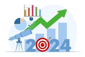 concepto de negocio prospectos en 2024, futuro estimados o planes, futuro éxito, nuevo año metas o logros, empresa objetivos o esperanzas, prismáticos mirando a 2024 a ver negocio perspectivas vector