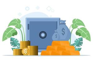 Concept of Invest In Gold, Safe with dollar bills, gold bars with pile of coins, people invest their money in gold, Investment. flat illustration on white background. vector