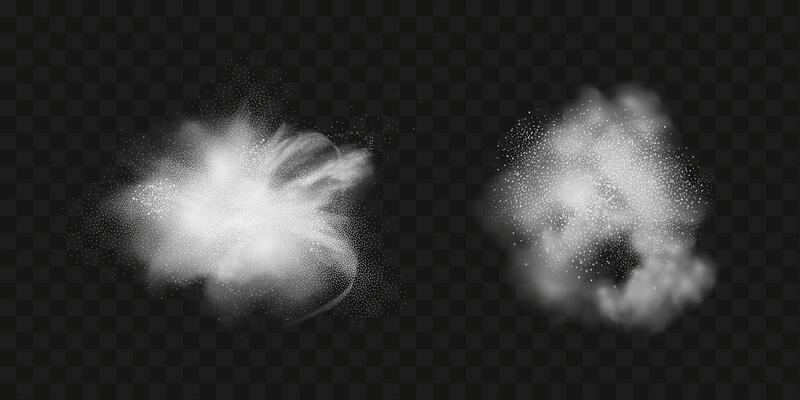 A realistic set of white clouds of flour, sugar, washing powder. An explosion of snow dust in the air. A splash of ice crystals in a white blizzard cloud.