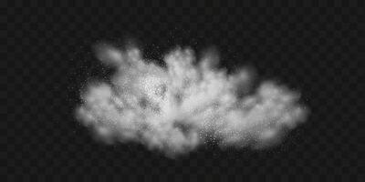 A realistic set of white clouds of flour, sugar, washing powder. An explosion of snow dust in the air. A splash of ice crystals in a white blizzard cloud. vector