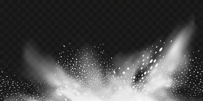 A realistic set of white clouds of flour, sugar, washing powder. An explosion of snow dust in the air. A splash of ice crystals in a white blizzard cloud. vector