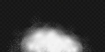 A realistic set of white clouds of flour, sugar, washing powder. An explosion of snow dust in the air. A splash of ice crystals in a white blizzard cloud. vector