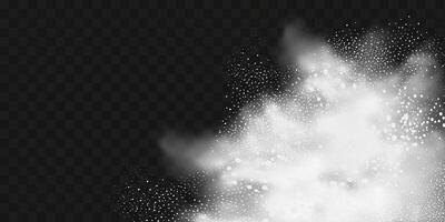 A realistic set of white clouds of flour, sugar, washing powder. An explosion of snow dust in the air. A splash of ice crystals in a white blizzard cloud. vector