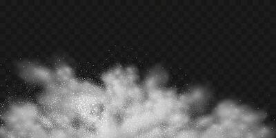 A realistic set of white clouds of flour, sugar, washing powder. An explosion of snow dust in the air. A splash of ice crystals in a white blizzard cloud. vector