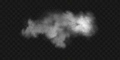 A realistic set of white clouds of flour, sugar, washing powder. An explosion of snow dust in the air. A splash of ice crystals in a white blizzard cloud. vector