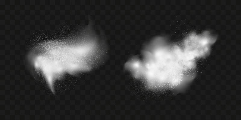 A realistic set of white clouds of flour, sugar, washing powder. An explosion of snow dust in the air. A splash of ice crystals in a white blizzard cloud.