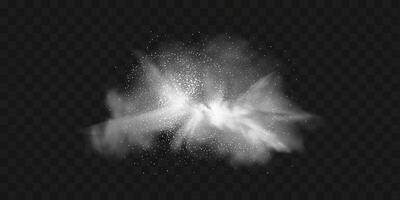 A realistic set of white clouds of flour, sugar, washing powder. An explosion of snow dust in the air. A splash of ice crystals in a white blizzard cloud. vector