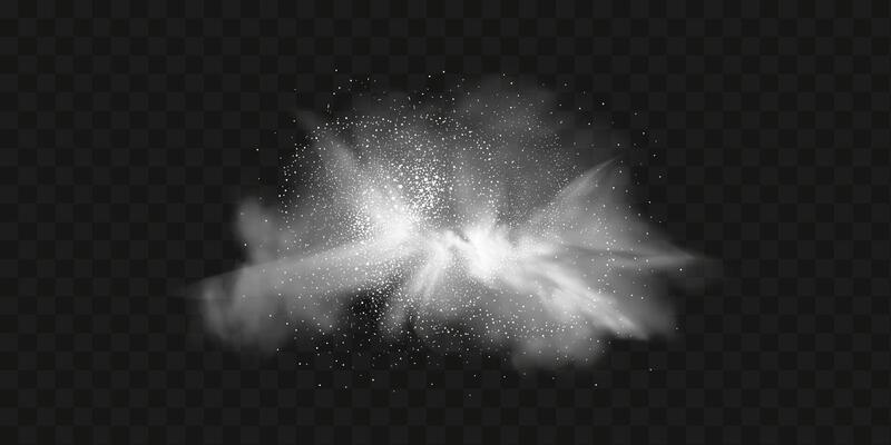 A realistic set of white clouds of flour, sugar, washing powder. An explosion of snow dust in the air. A splash of ice crystals in a white blizzard cloud.