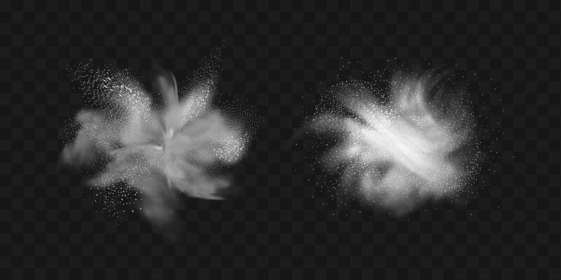 A realistic set of white clouds of flour, sugar, washing powder. An explosion of snow dust in the air. A splash of ice crystals in a white blizzard cloud.