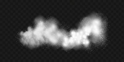 A realistic set of white clouds of flour, sugar, washing powder. An explosion of snow dust in the air. A splash of ice crystals in a white blizzard cloud. vector