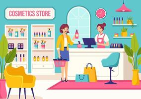 productos cosméticos Tienda ilustración con niña protección de la piel, cosmético, perfume, maquillaje y belleza productos elección en en plano dibujos animados antecedentes vector