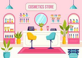 productos cosméticos Tienda ilustración con niña protección de la piel, cosmético, perfume, maquillaje y belleza productos elección en en plano dibujos animados antecedentes vector