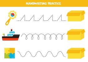 Tracing lines with cute cartoon toys and box. Writing practice. vector