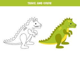 Trace and color green dinosaur. Printable worksheet for children. vector