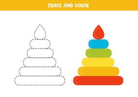 Trace and color cartoon colorful pyramid. Printable worksheet for children. vector