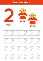 Numbers tracing practice. Writing number two. Cute dolls in red dress. vector