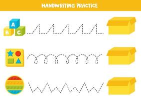 Tracing lines with cute cartoon toys and box. Writing practice. vector