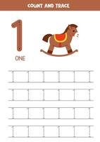 Numbers tracing practice. Writing number one. Cute toy rocking horse. vector