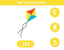 Find missing letter with cartoon kite. Spelling worksheet. vector