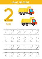 Numbers tracing practice. Writing number two. Toy trucks. vector