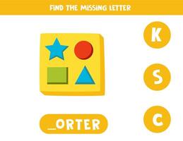 Find missing letter with cartoon wooden sorter. Spelling worksheet. vector