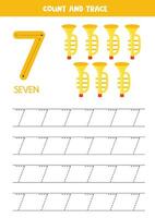 Numbers tracing practice. Writing number seven. Toy flute. vector