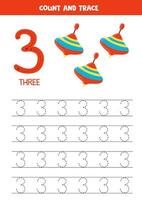 Numbers tracing practice. Writing number three. Cute cartoon spinning tops. vector