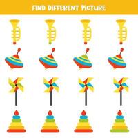 Find different cartoon cute toy in each row. Logical game for preschool kids. vector