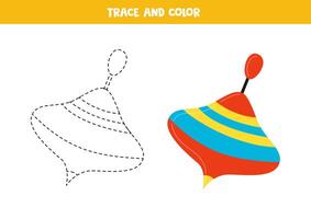 Trace and color cartoon spinning top. Printable worksheet for children. vector