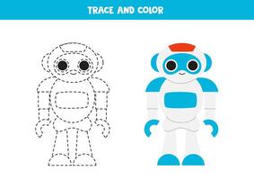Trace and color cartoon robot. Printable worksheet for children. vector