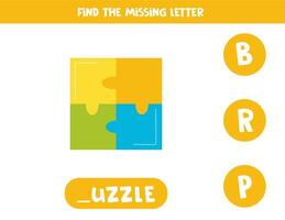 Find missing letter with cartoon puzzle. Spelling worksheet. vector