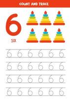 Numbers tracing practice. Writing number six. Cute cartoon toy pyramids. vector