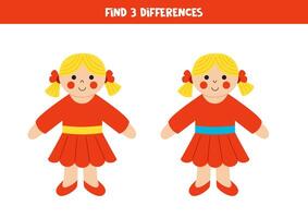 Find 3 differences between two cute cartoon dolls. vector