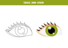 Trace and color cartoon green eye. Printable worksheet for children. vector