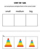 Sort cartoon pyramids by size. Educational worksheet for kids. vector