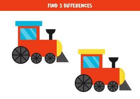 Find 3 differences between two cute cartoon toy trains. vector