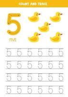 Numbers tracing practice. Writing number five. Cute yellow rubber ducks. vector