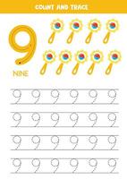 Numbers tracing practice. Writing number nine. Toy rattles. vector