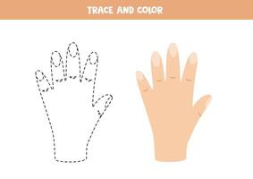 Trace and color cartoon human hand. Printable worksheet for children. vector