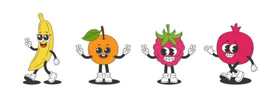 Set of retro fruit characters with arms and legs. banana, apricot, raspberry, pomegranate. vector