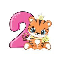 HAPPY birthday card for second birthday with tiger. vector