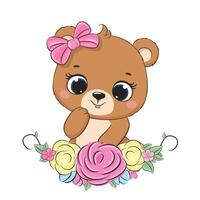 linda bebé oso con floral guirnalda. ilustración vector