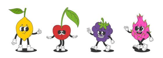 Set of retro fruit characters with arms and legs. lemon, cherry, blackberry, dragon fruit. illustration vector