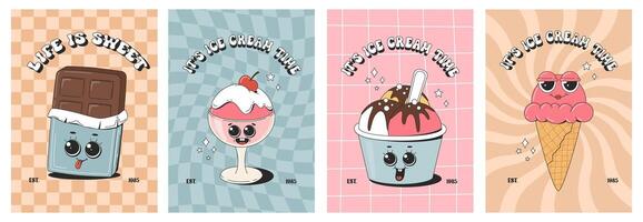 conjunto de Clásico dibujos animados carteles con postres linda maravilloso dulce pastel, chocolate, hielo crema, pastelitos ilustración. vector