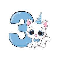contento cumpleaños tarjeta para tercero cumpleaños con gatito. vector